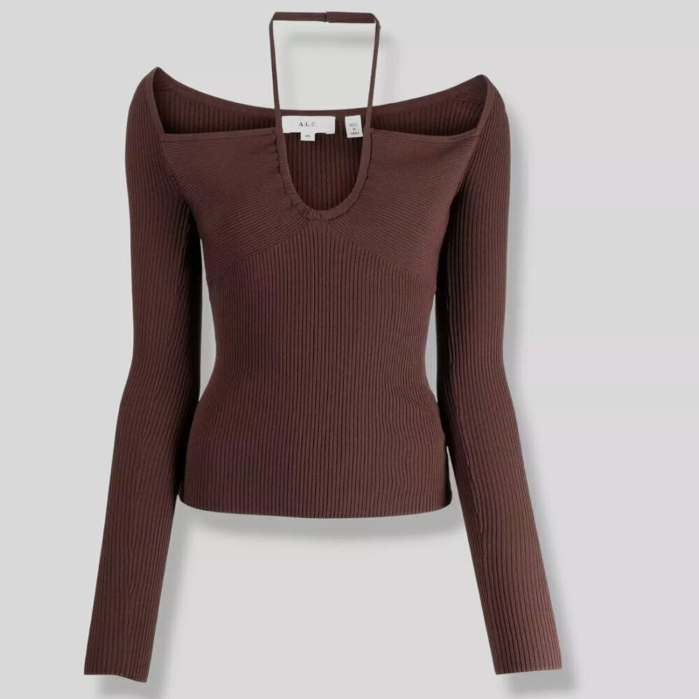 A.L.C. Alc Women's Brown "Annabelle" Ribbed Knit Long Sleeve Cutout Top L $375 - Picture 2 of 9